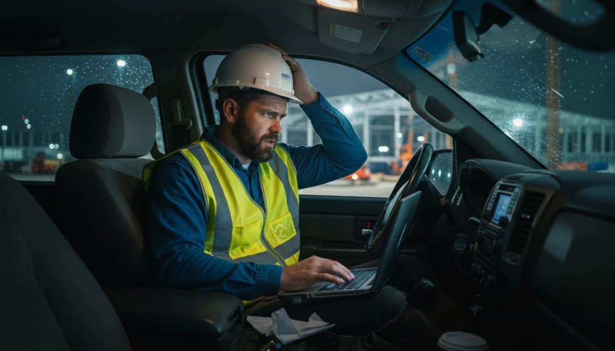 Tired construction worker typing reports